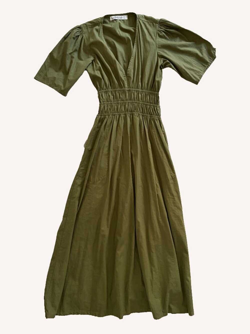NWOT Lusana Olive Green Maxi Dress V Neck Ruched Size Small